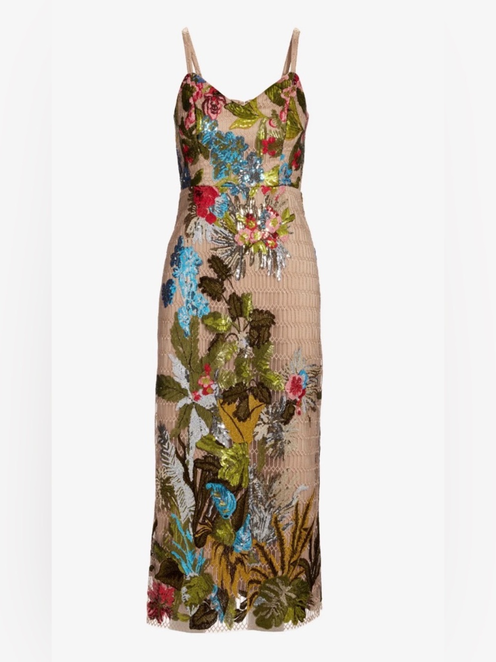 Beige Floral Sequin Slip Dress with Spaghetti Straps from Boston Proper